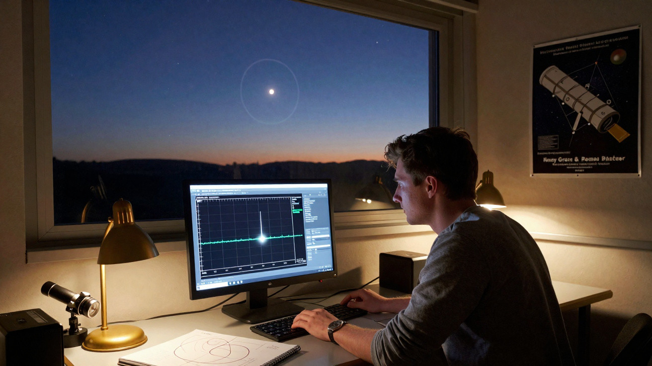 Homem a analisar dados no computador perto de janela ao anoitecer com lua visível no céu.
