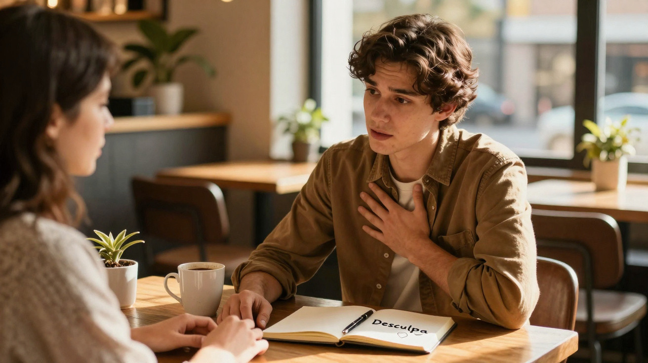 Jovem desculpa-se com expressão séria enquanto conversa com outra pessoa num café.