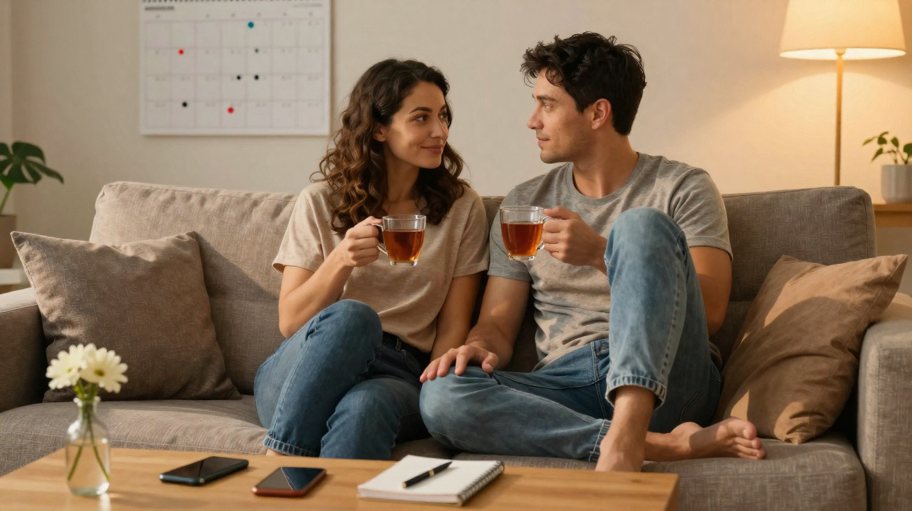 Casal sentado no sofá a beber chá e a olhar-se com carinho numa sala acolhedora e iluminada.