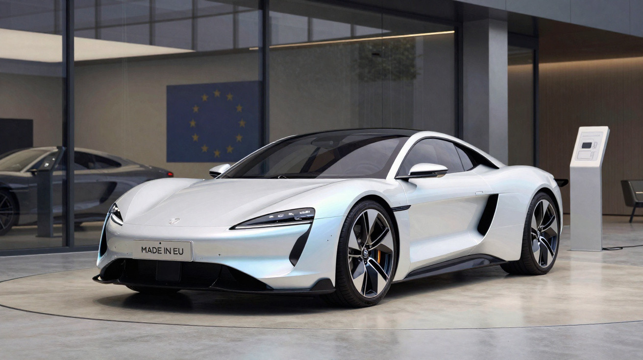 Carro desportivo elétrico branco, com design aerodinâmico, estacionado numa garagem moderna com carregador elétrico.