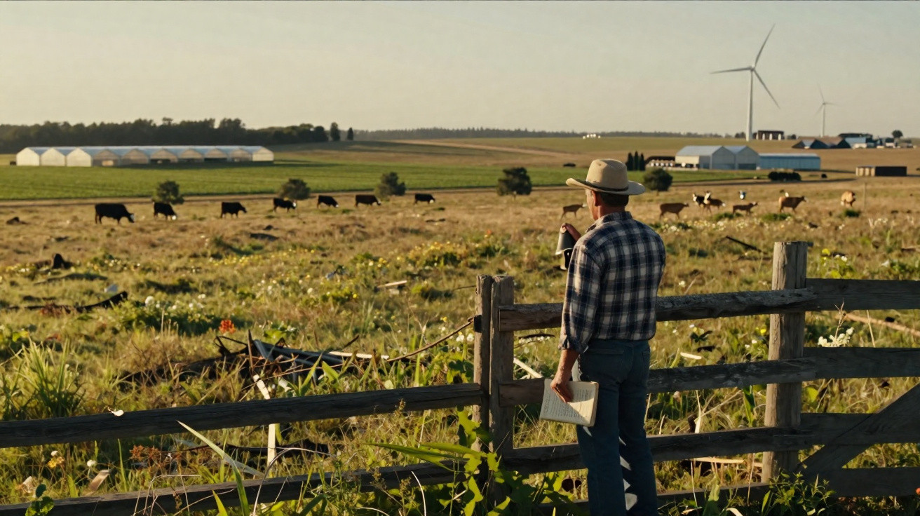 Homem de chapéu observa vacas num campo com turbinas eólicas e estufas ao fundo ao pôr do sol.