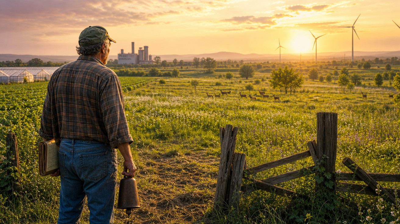 Homem com roupa de trabalho agrícola observa campo verde com animais, moinho e fábrica ao pôr do sol.