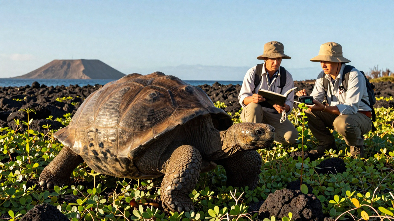 Tartaruga gigante em habitat natural com duas pessoas a observar e registar dados científicos ao fundo.