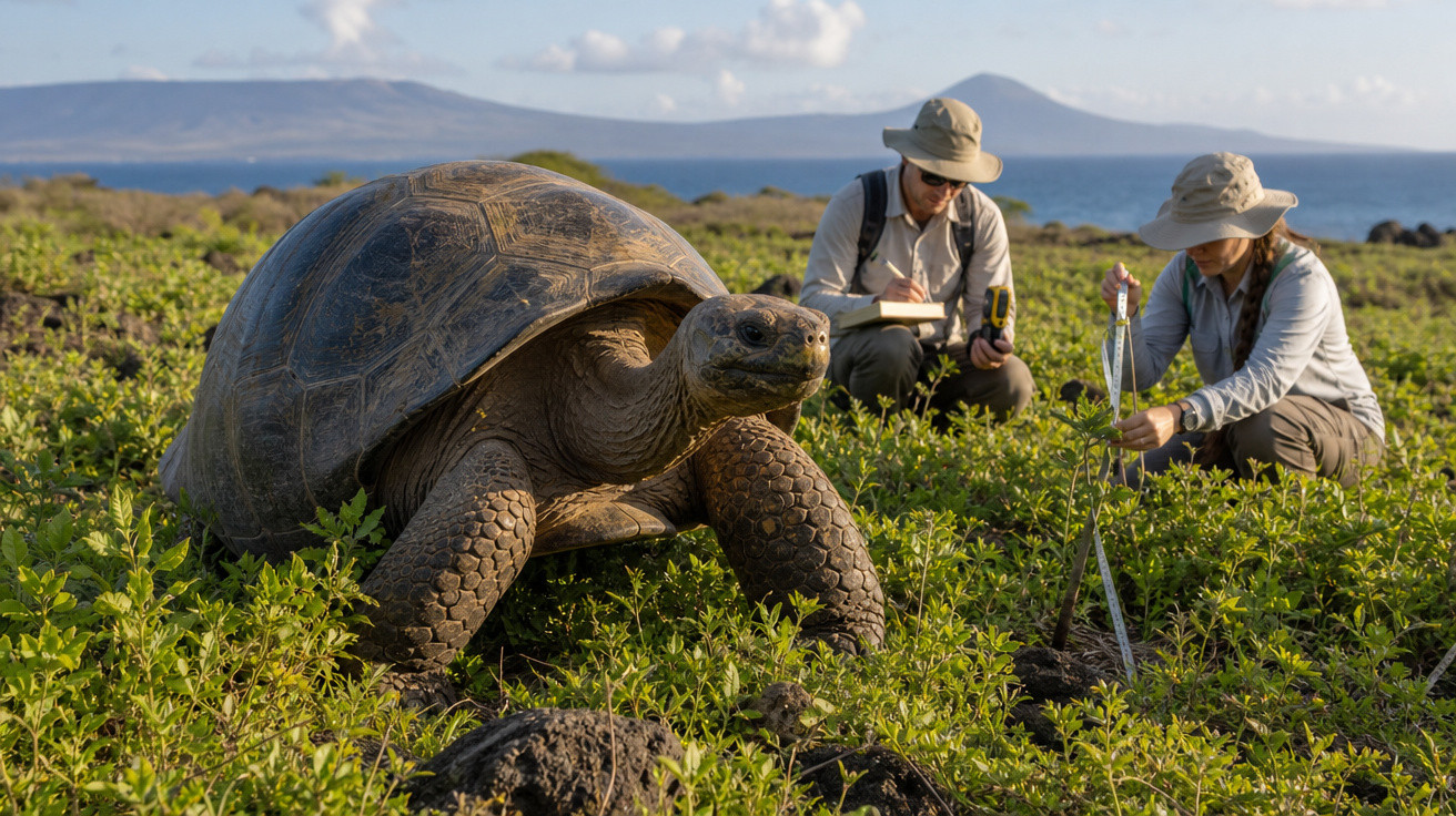 Tartaruga gigante em campo com dois investigadores a medir e anotar dados numa paisagem costeira.