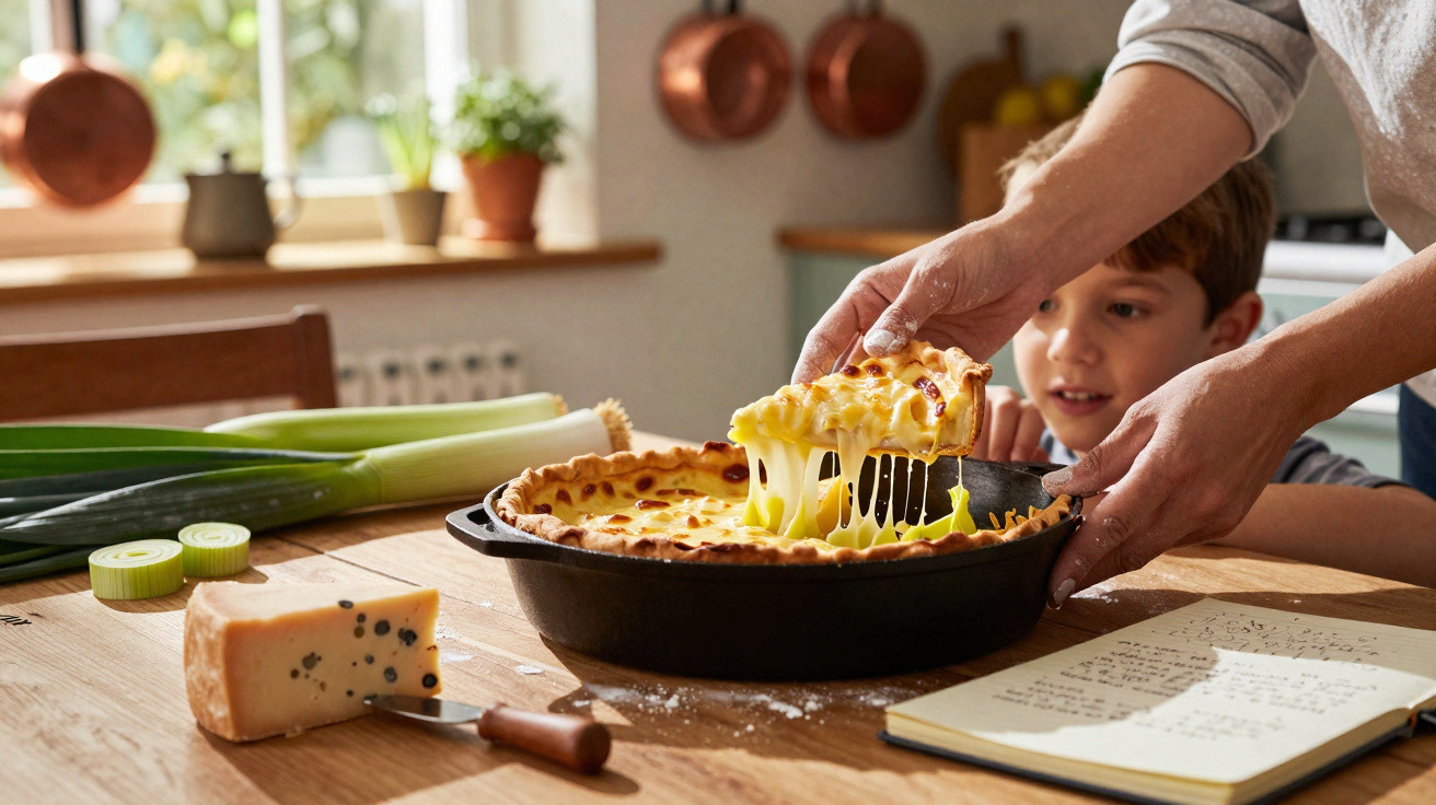 Pessoa a tirar pedaço de quiche húmida com queijo derretido, criança observa na cozinha rústica.