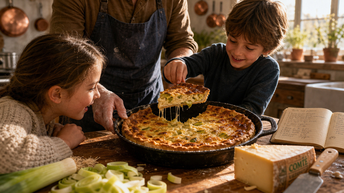 Crianças felizes a retirar fatia de tarte de alho-francês com queijo numa cozinha acolhedora.