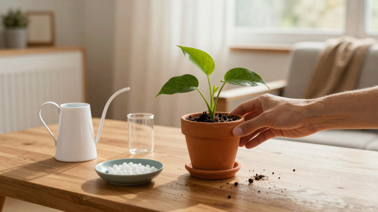 Mão a segurar vaso de barro com planta verde sobre mesa de madeira, junto a regador, copo e pilhas de fertilizante.