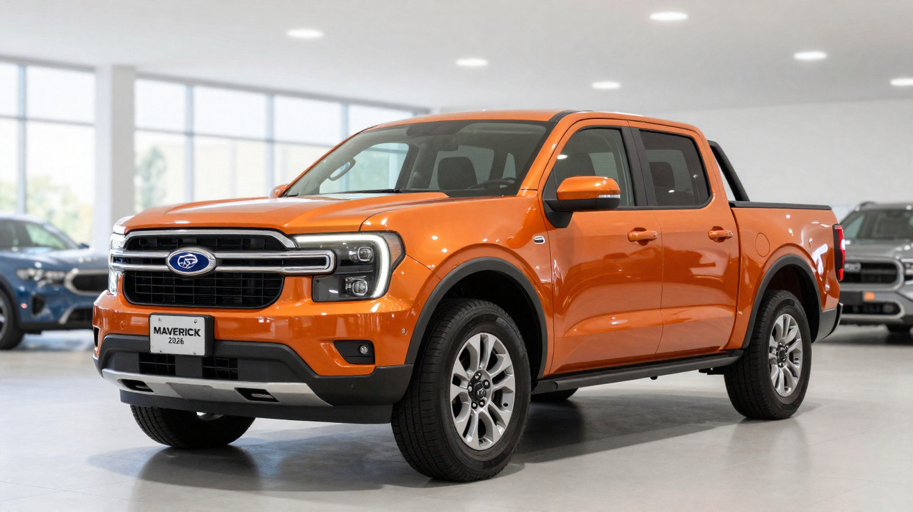 Picape Ford Maverick 2023 laranja estacionada em salão com iluminação artificial.