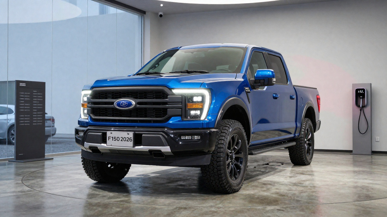 Pick-up Ford F-150 azul 2026 elétrica exposta em espaço moderno com recarregador na parede.