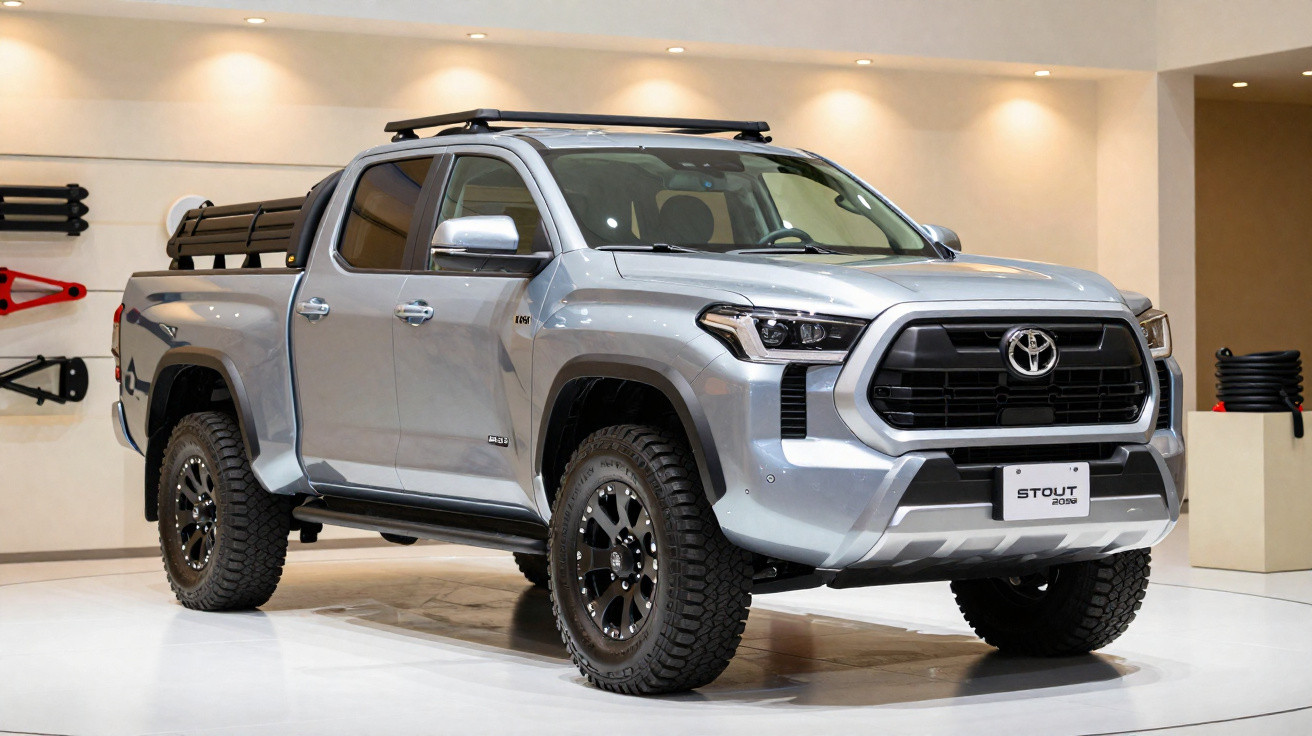 Pick-up Toyota Stout 2024 prateada com detalhes em preto, exposta em salão com iluminação suave.