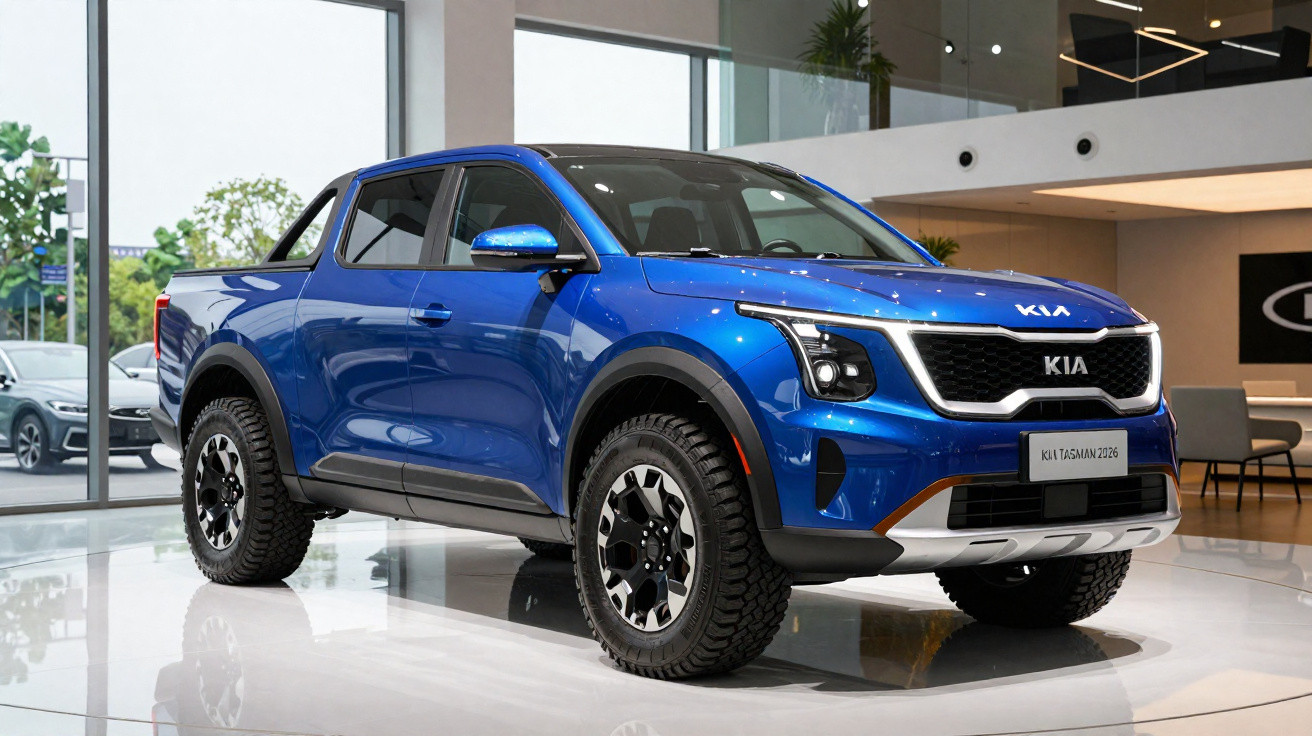 Picape azul Kia Tasman 2026 exibida num showroom moderno com chão brilhante.