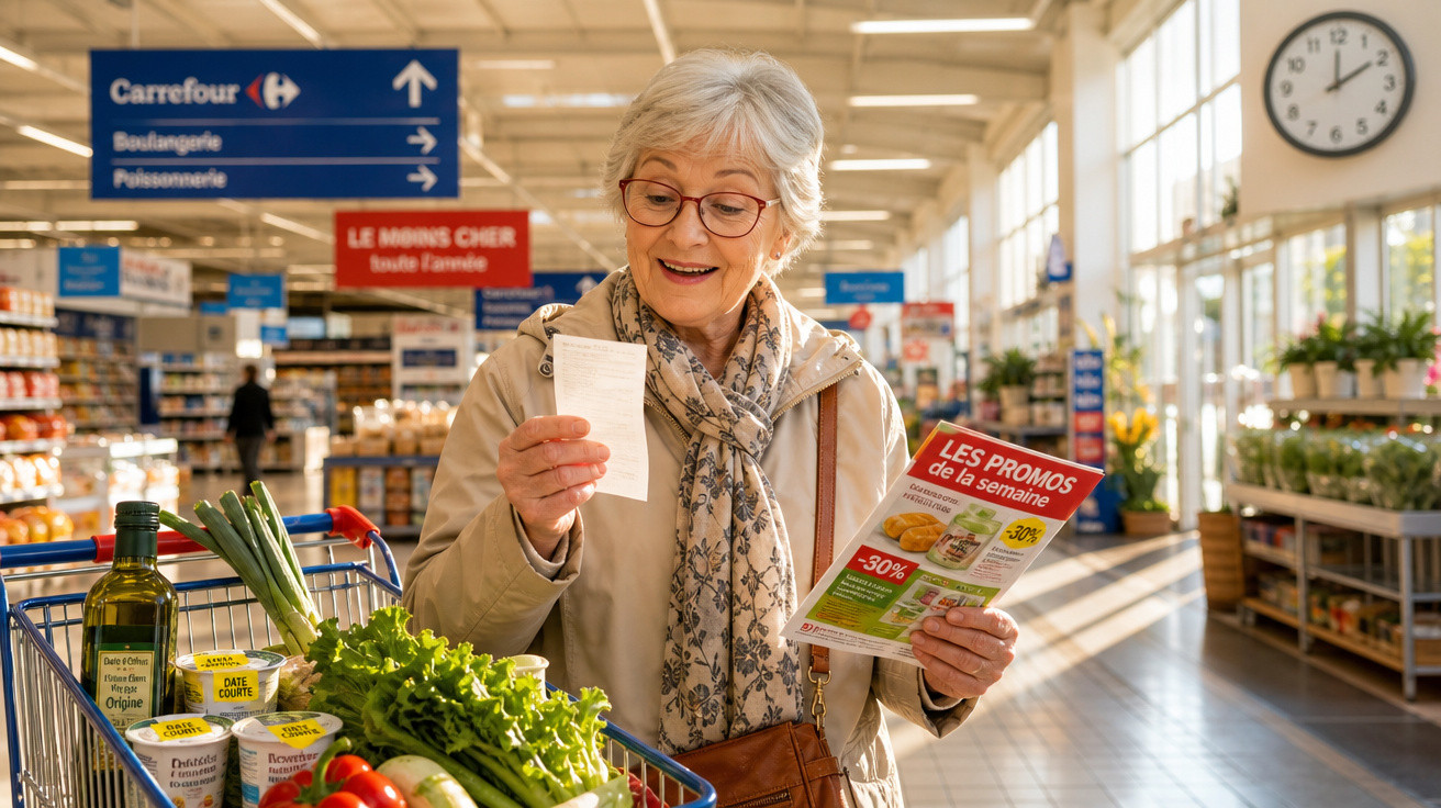 Mulher sénior a fazer compras num supermercado com carrinho cheio de legumes frescos e a ler folheto de promoções.