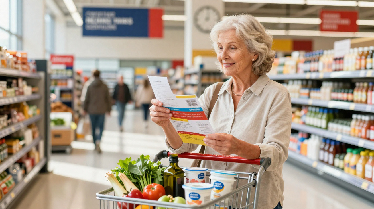 Mulher sénior a consultar lista de compras num supermercado com carrinho cheio de legumes e produtos.