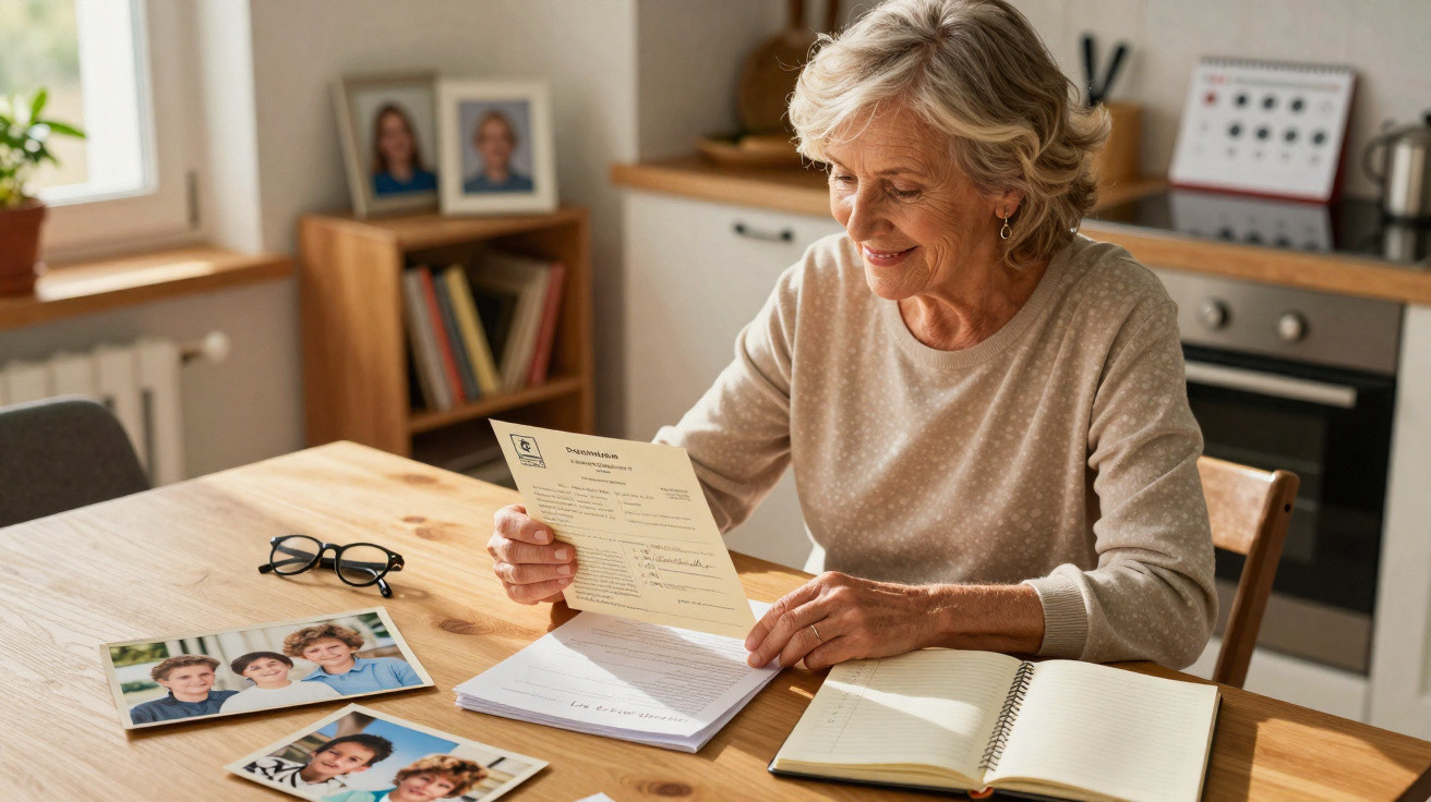 Mulher idosa sorridente a ler um documento sentada numa mesa com fotos e um caderno à frente.