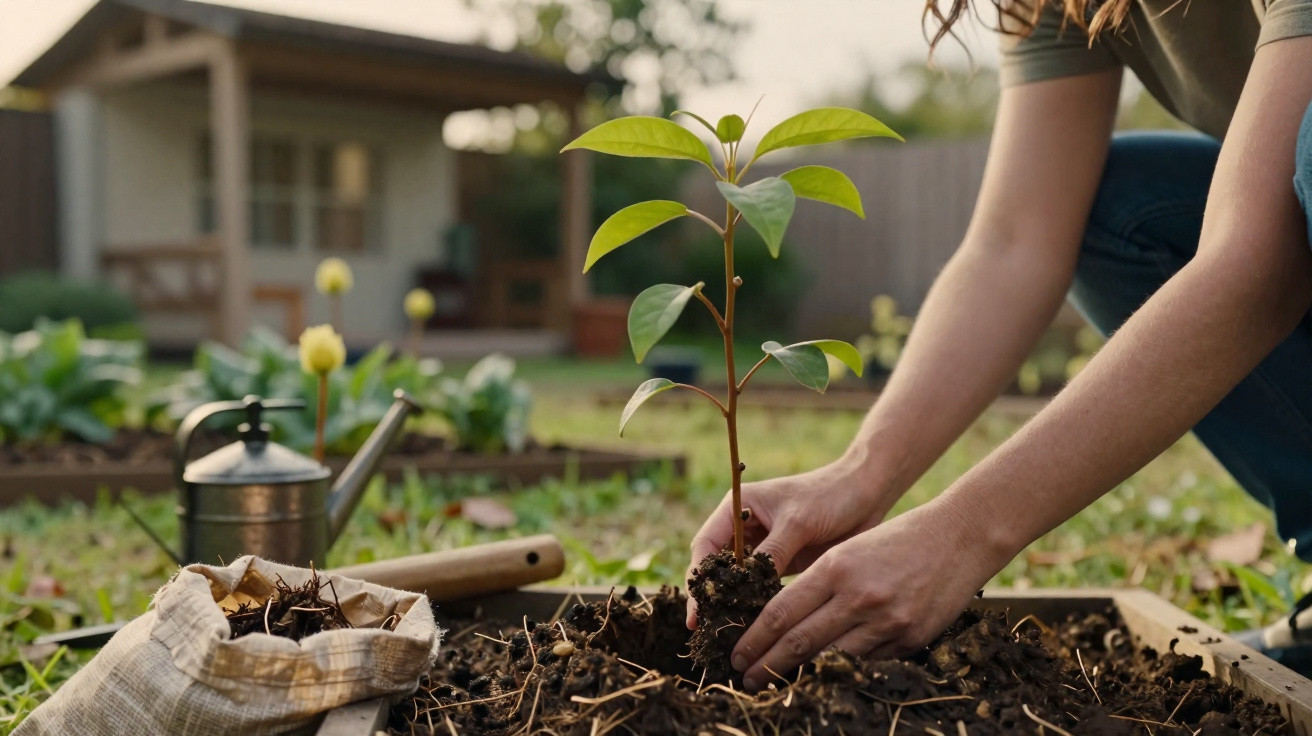 Pessoa a plantar uma muda de árvore num jardim com regador e saco de terra ao lado.