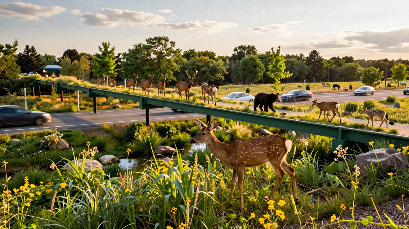 Veados e um urso atravessam passadiço verde sobre estrada com carros em paisagem natural florida ao pôr do sol.