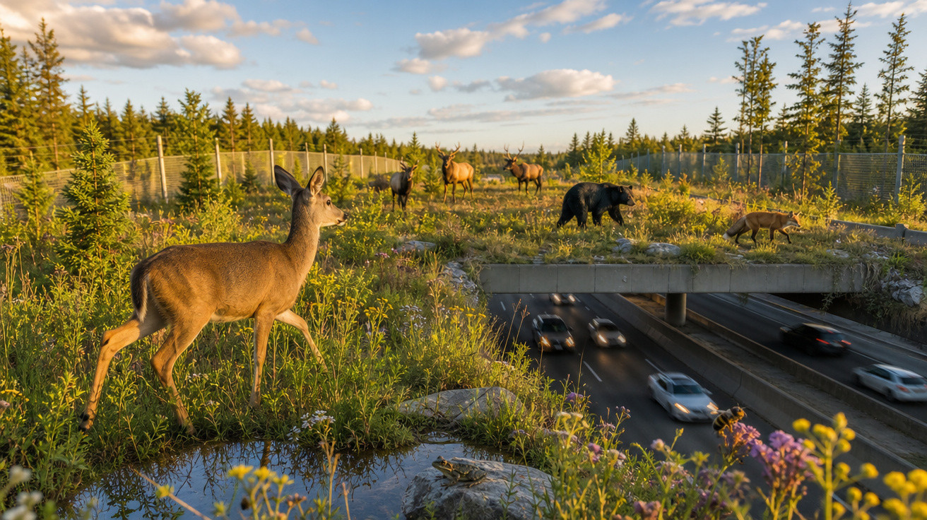 Fauna a atravessar um viaduto ecológico sobre uma autoestrada, incluindo veado, urso e raposa ao pôr do sol.