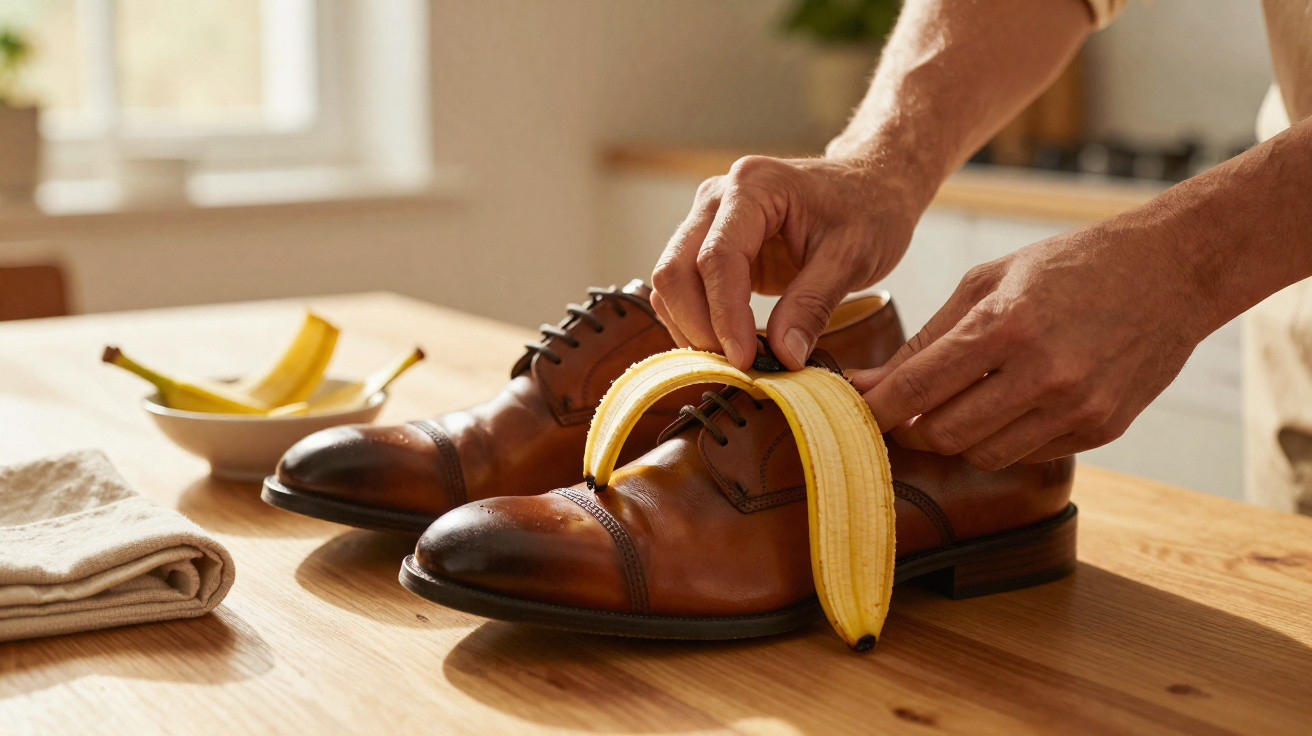 Mãos a descascar uma banana sobre um par de sapatos de couro castanho numa mesa de madeira.