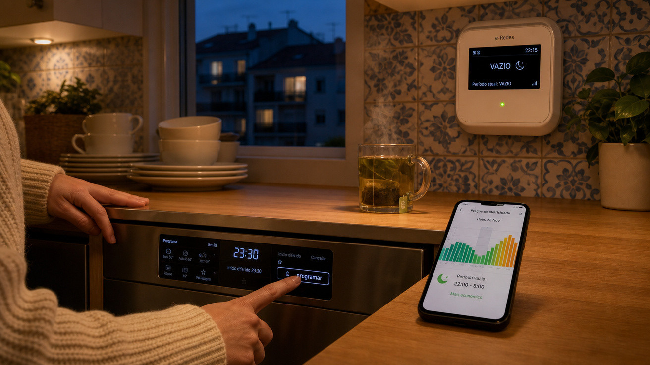 Pessoa a programar uma máquina de lavar loiça numa cozinha com luz ambiente à noite e controlador elétrico visível.
