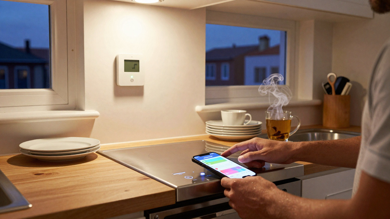 Pessoa a controlar a temperatura da cozinha através do smartphone numa bancada com chá quente a fumegar.