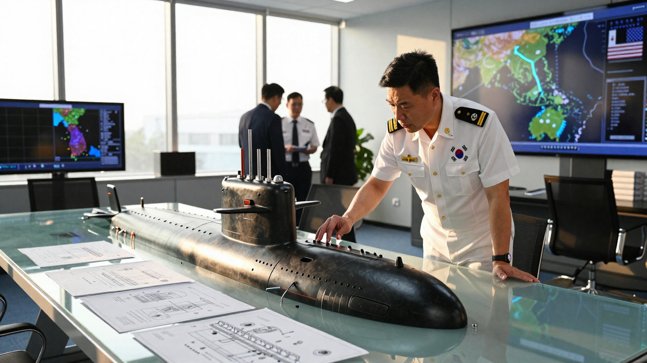 Oficial naval em uniforme branco examina modelo de submarino numa sala com mapas estratégicos e plantas técnicas.