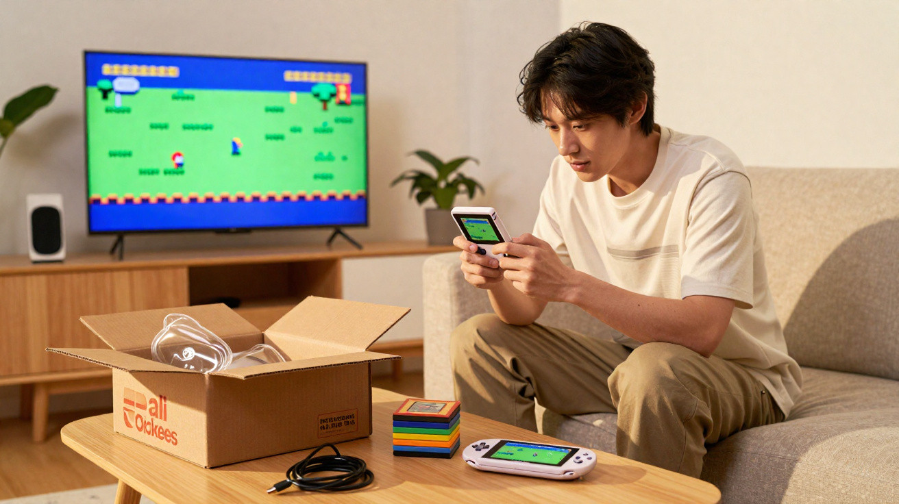 Homem sentado no sofá a jogar num portátil retro, com TV e consola na mesa à frente.