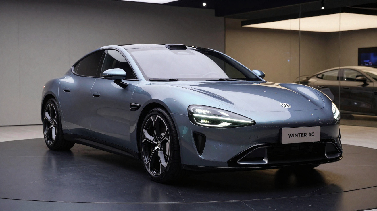 Carro desportivo elétrico moderno cinzento em exposição interior com luzes dianteiras acesas.