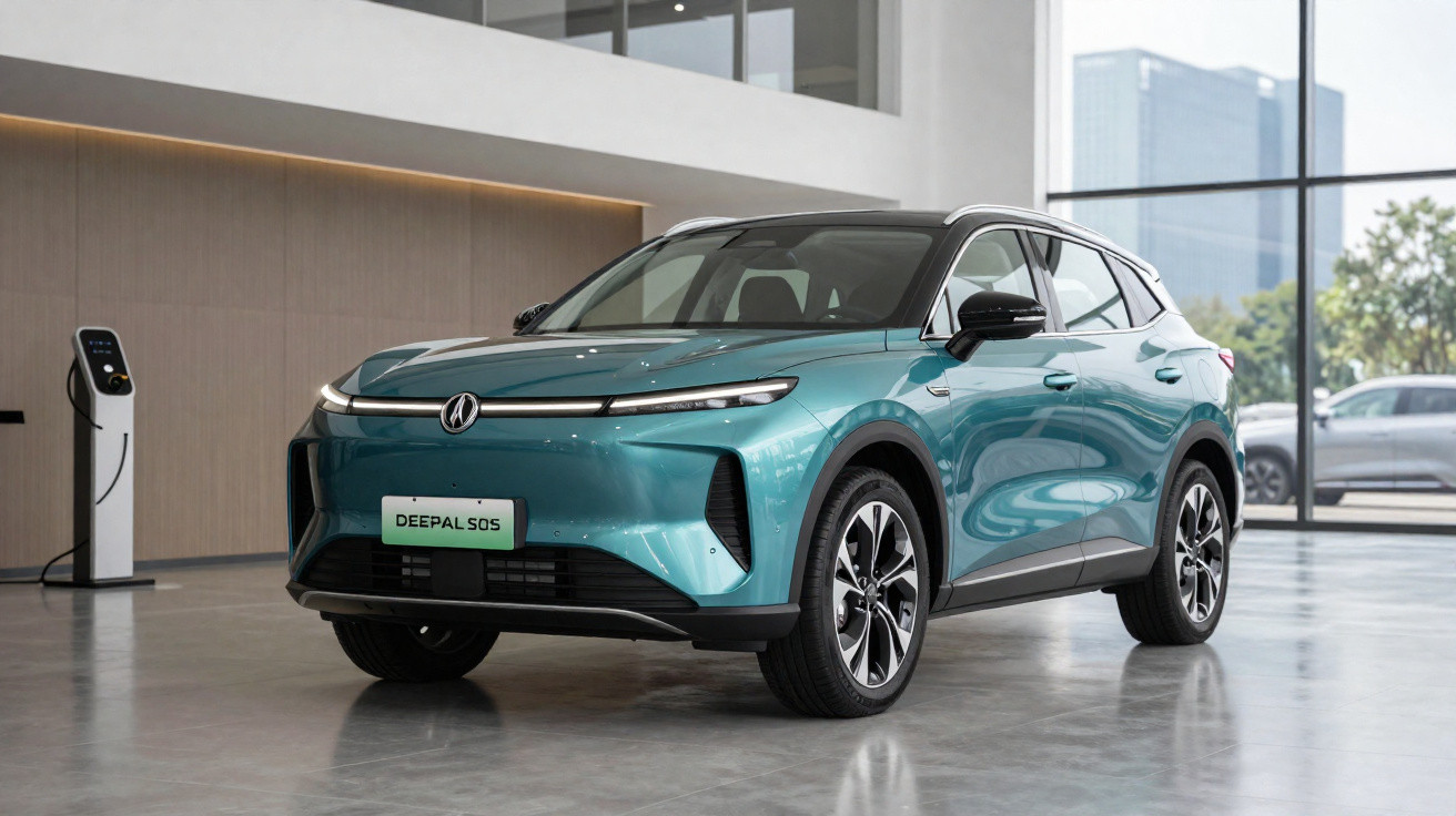 Carro elétrico azul esverdeado estacionado em showroom moderno com estação de carregamento ao lado.