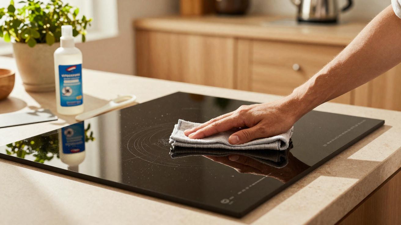 Mão a limpar placa vitrocerâmica preta numa cozinha moderna com pano cinzento e spray de limpeza.