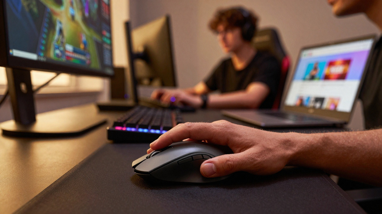 Pessoa a usar rato de computador com ecrã e teclado colorido em fundo desfocado.