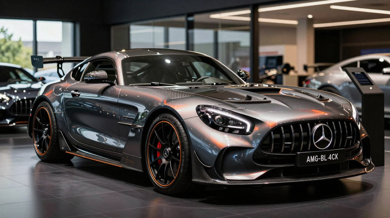 Carro desportivo cinzento metálico Mercedes-Benz AMG com design aerodinâmico em exposição interior.