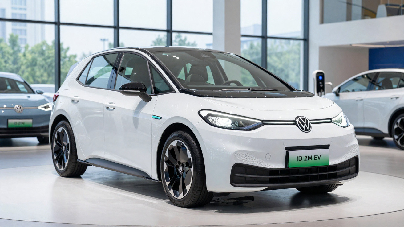 Carro elétrico Volkswagen ID.3 branco exibido em showroom moderno com grandes janelas e iluminação natural.