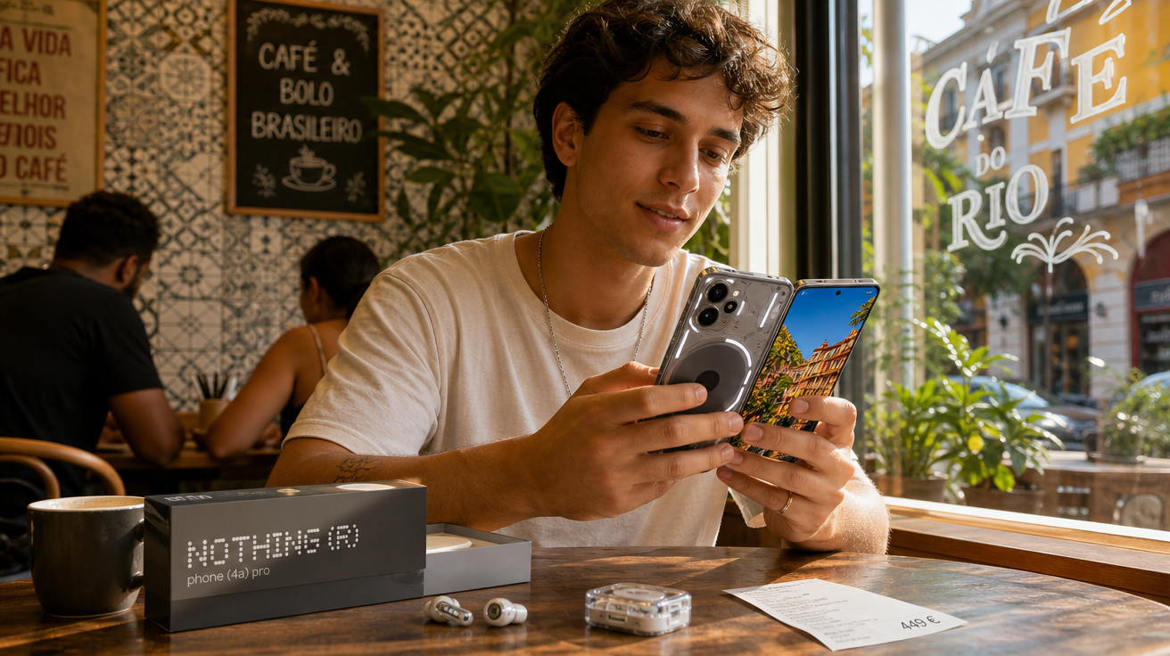 Homem sentado numa cafetaria com dois smartphones e acessórios do Nothing Phone (2) Pro sobre a mesa.