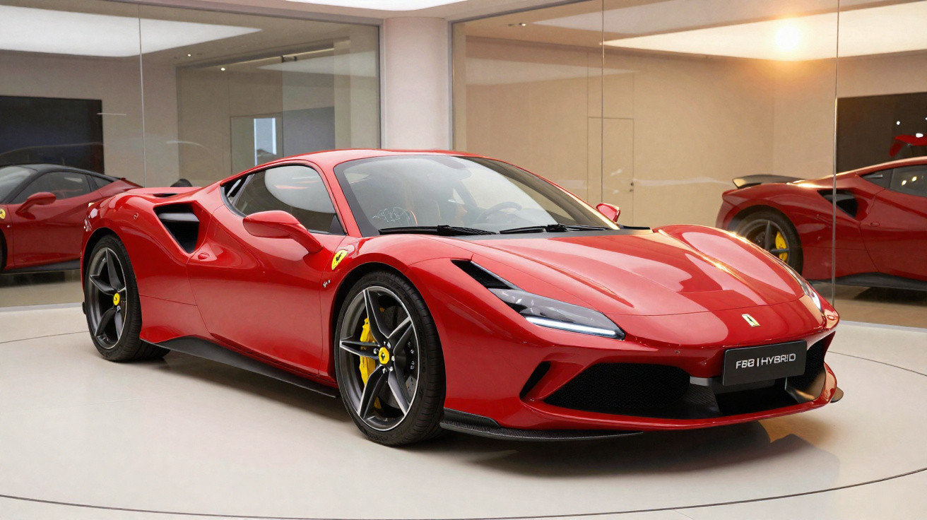 Ferrari F8 vermelho com design esportivo exibido numa sala com paredes de vidros refletindo o carro.