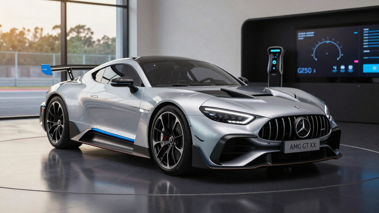 Carro desportivo Mercedes AMG GT XX prateado estacionado em showroom moderno com carregador elétrico.