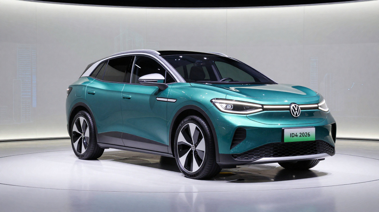 Volkswagen ID.4 2026 eléctrico verde água exposto em plataforma circular num ambiente iluminado branco.
