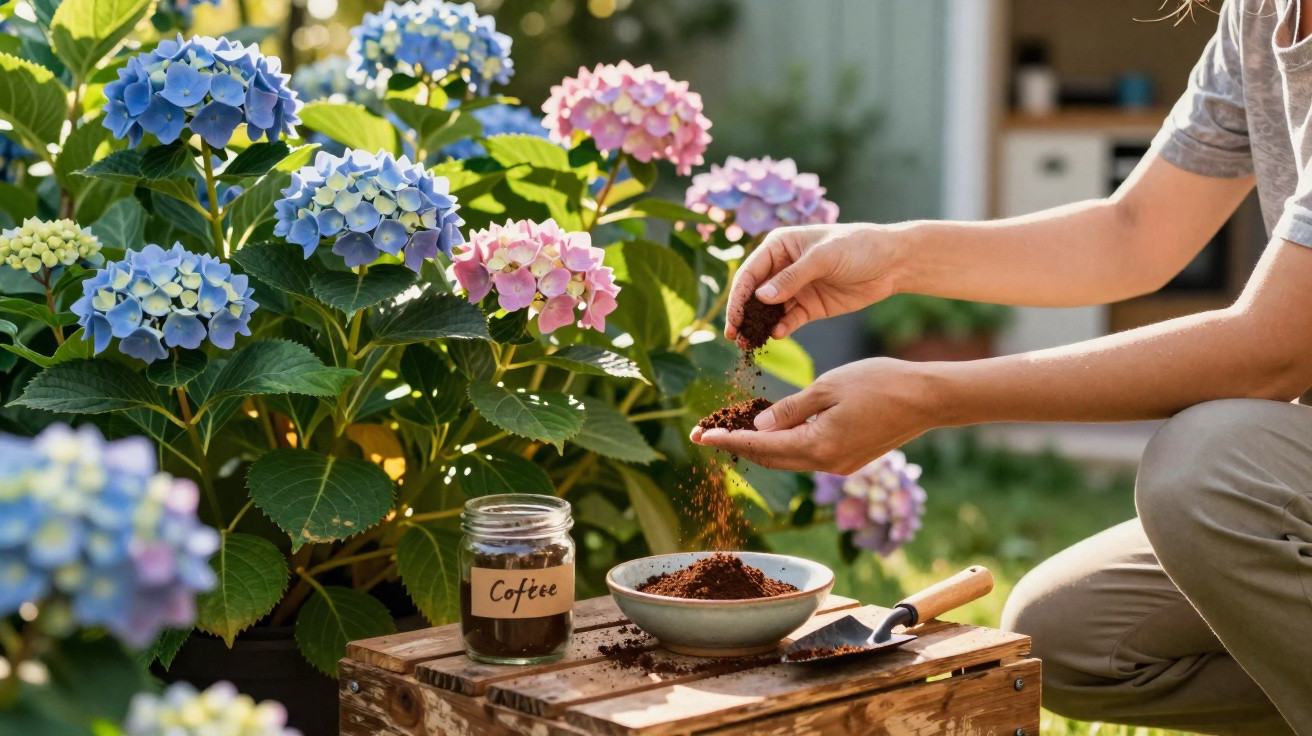 Pessoa a espalhar borra de café em vaso junto a flores coloridas num jardim ensolarado.