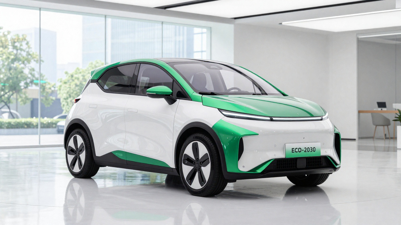 Carro elétrico compacto branco e verde num showroom moderno com grandes janelas.