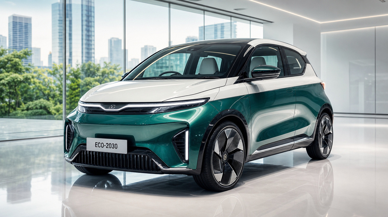 Carro elétrico compacto verde e branco modelo ECO-2030 em showroom moderno com cidade ao fundo.