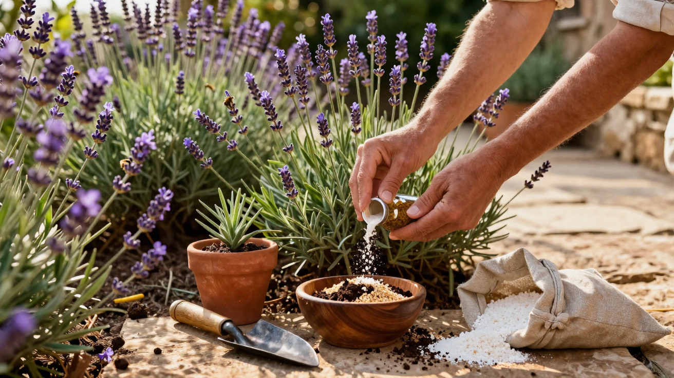 Mãos a deitar adubo em taça de madeira junto a vasos com plantas de lavanda num jardim ensolarado.
