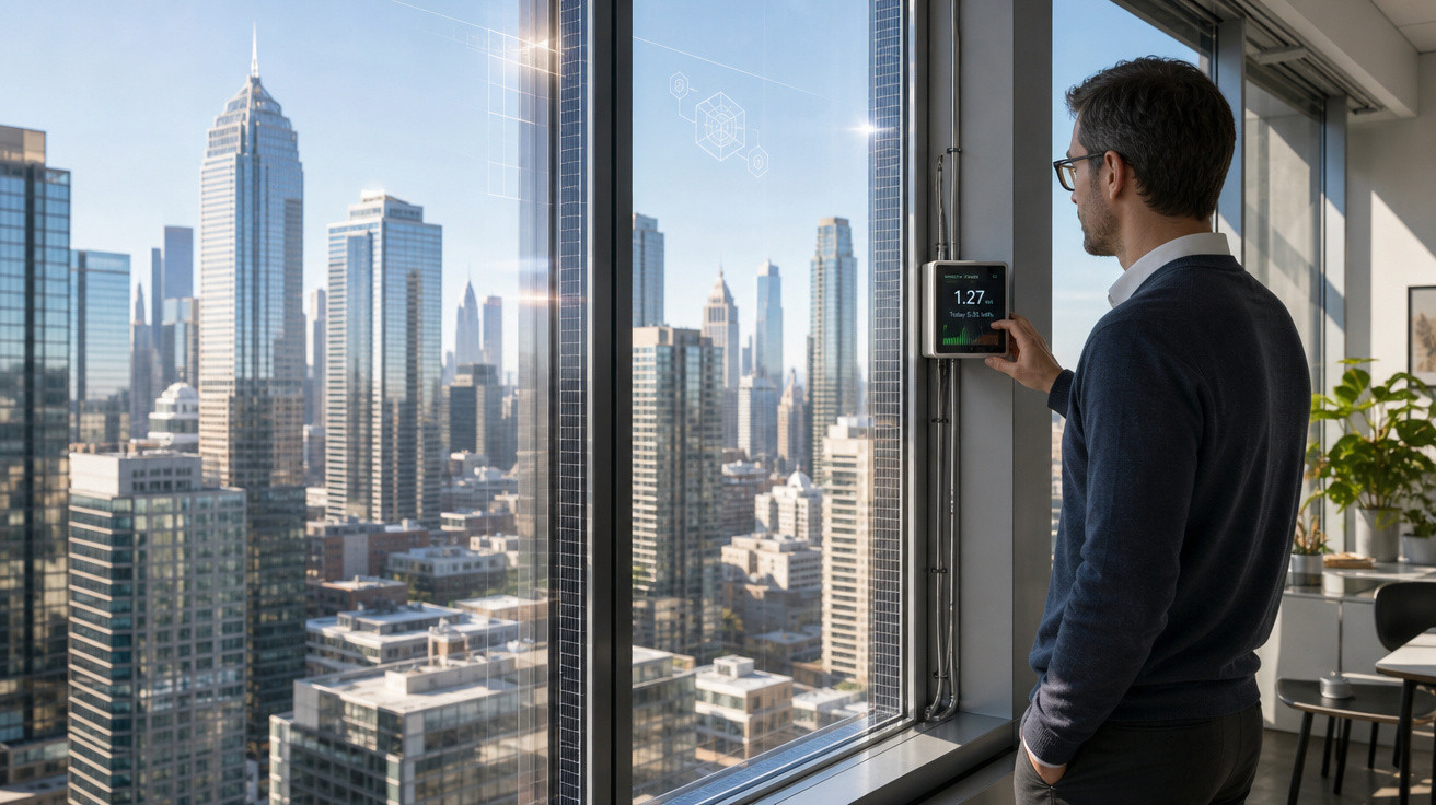 Homem a controlar dispositivo digital junto a janela com vista para arranha-céus numa cidade moderna.