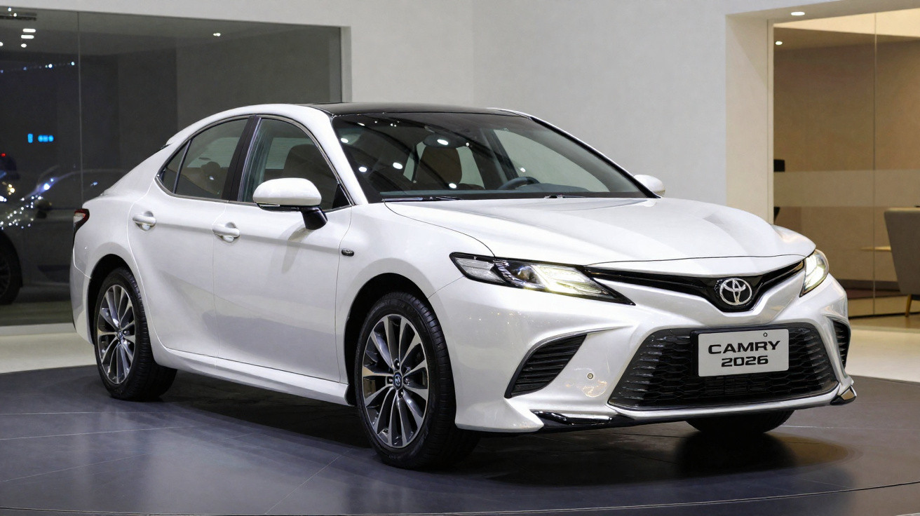 Automóvel Toyota Camry branco de 2026, sedan, exibido em ambiente interior moderno.