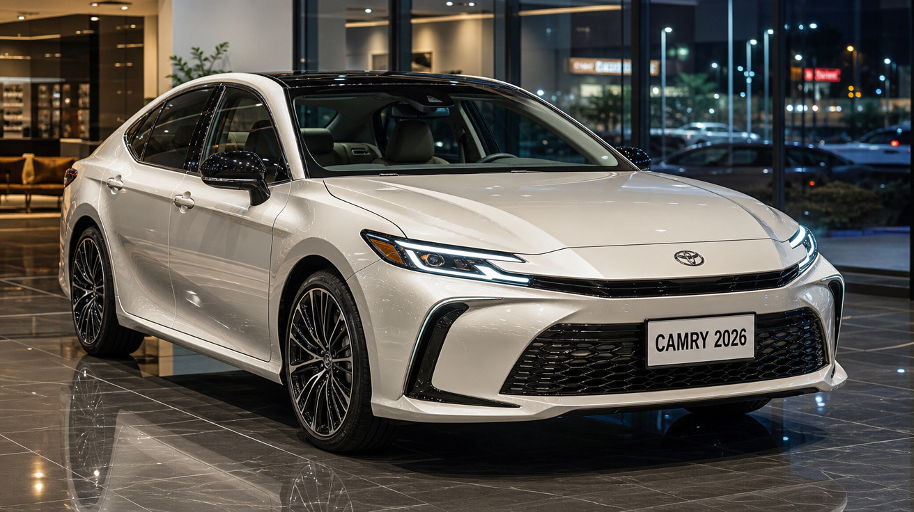 Sedã Toyota Camry 2026 branco exibido em showroom com iluminação refletida no chão brilhante.