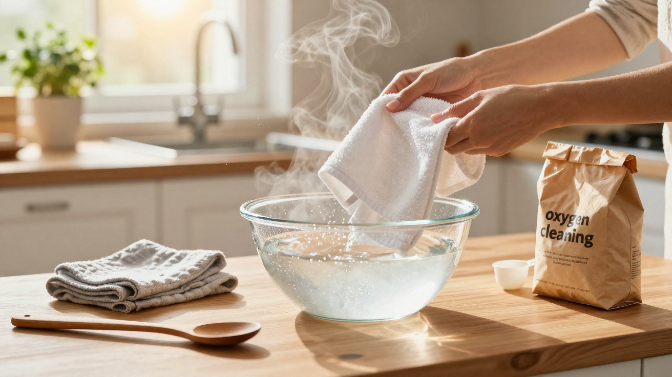 Mãos a lavar um pano branco numa taça com água quente e detergente na cozinha iluminada.