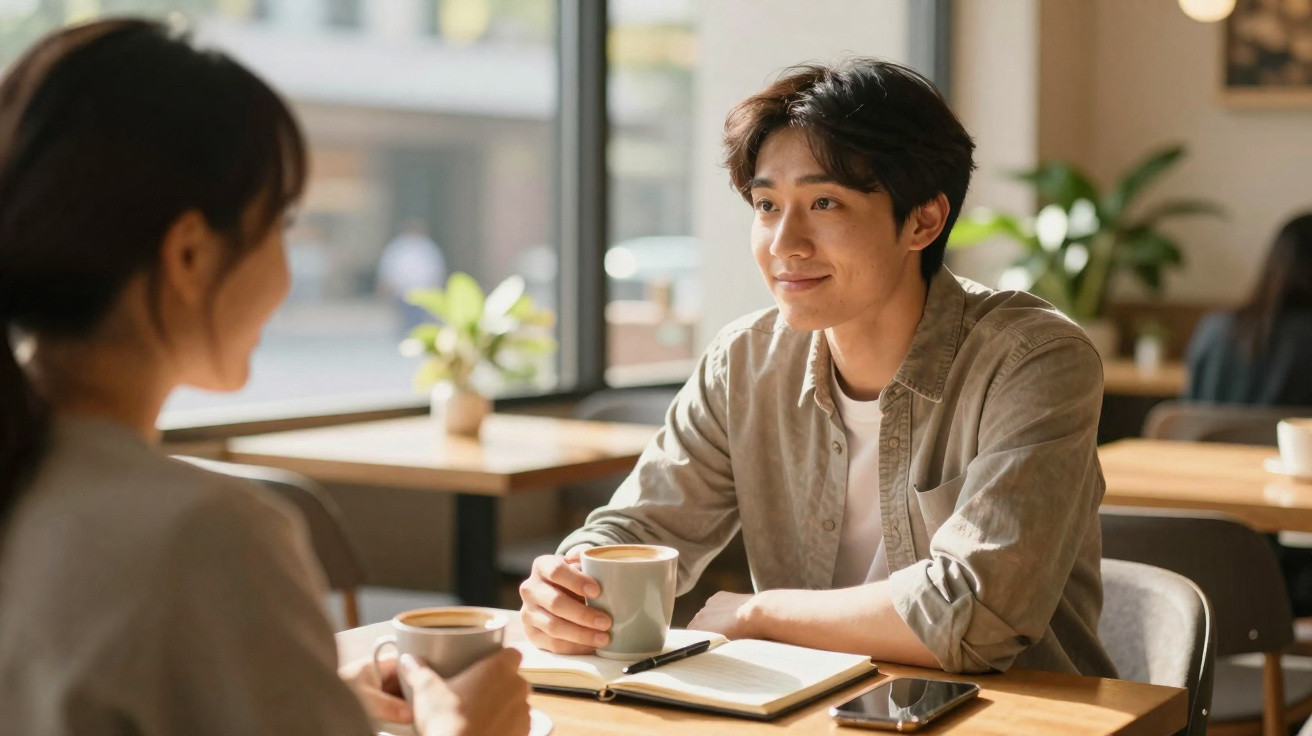 Dois jovens sentados em café, conversando e segurando chávenas de café, com caderno e telemóvel na mesa.