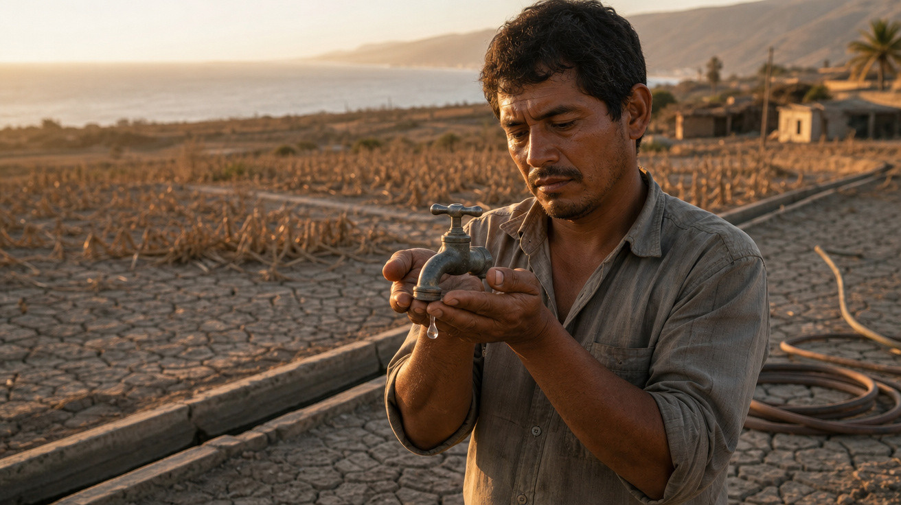Homem segurando torneira com gota de água diante de terra seca e rachada, com mar e montanhas ao fundo.