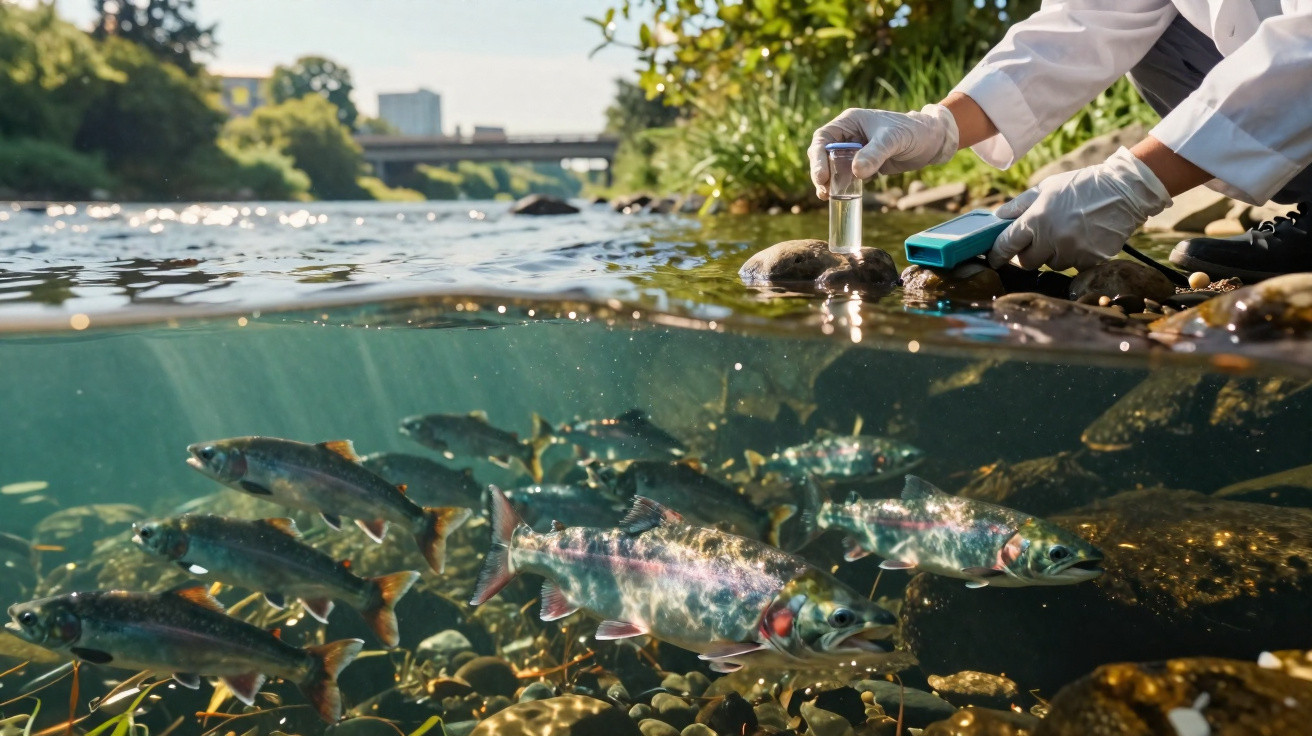 Pessoa a recolher amostra de água numa corrente com peixes visíveis debaixo de água e vegetação.