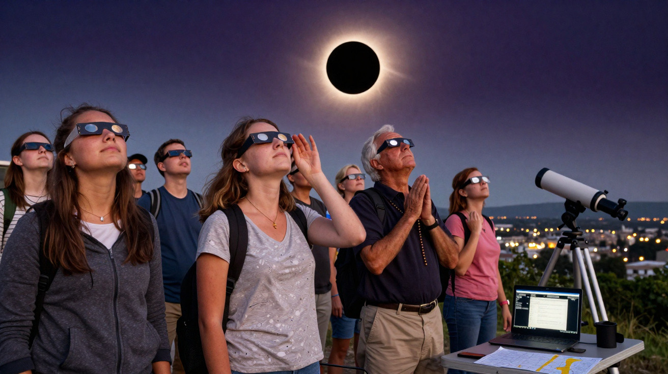 Grupo de pessoas com óculos especiais a observar eclipse solar total ao entardecer com telescópio e laptop.