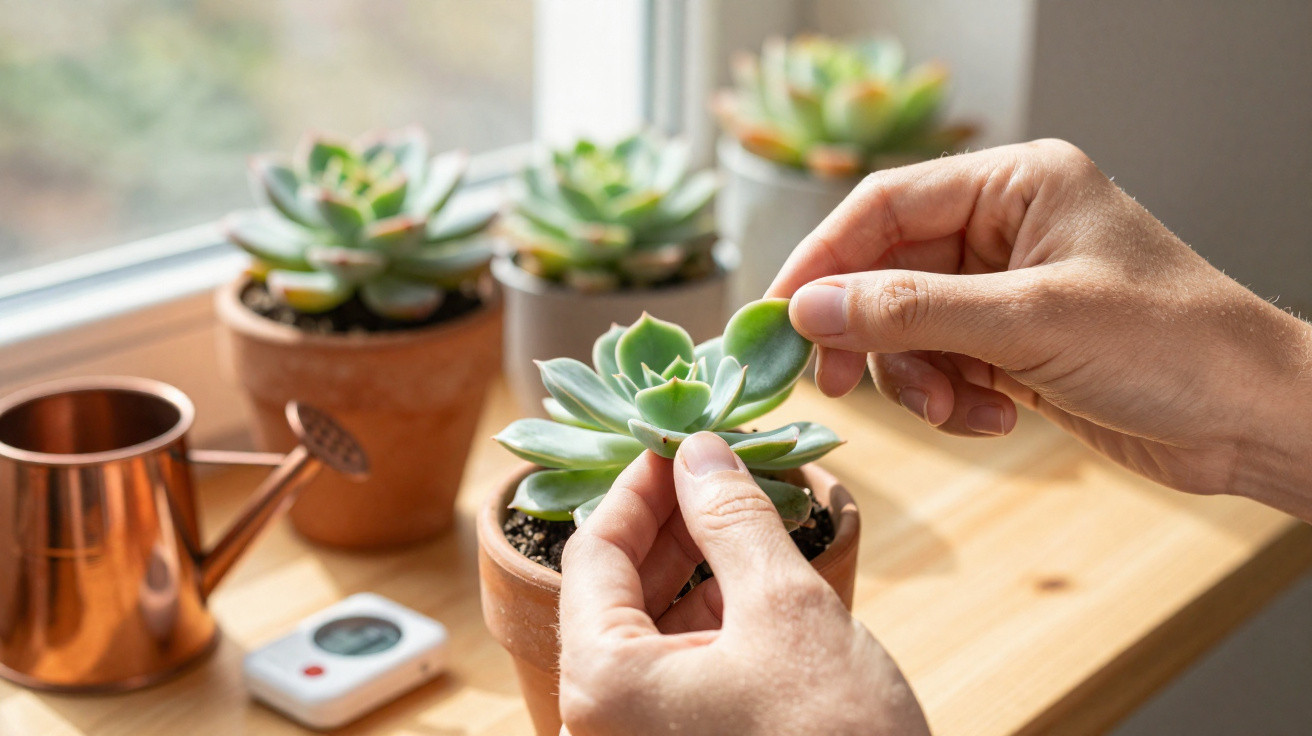 Mãos cuidam de plantas suculentas em vasos de barro junto a janela com regador de metal e termómetro digital.