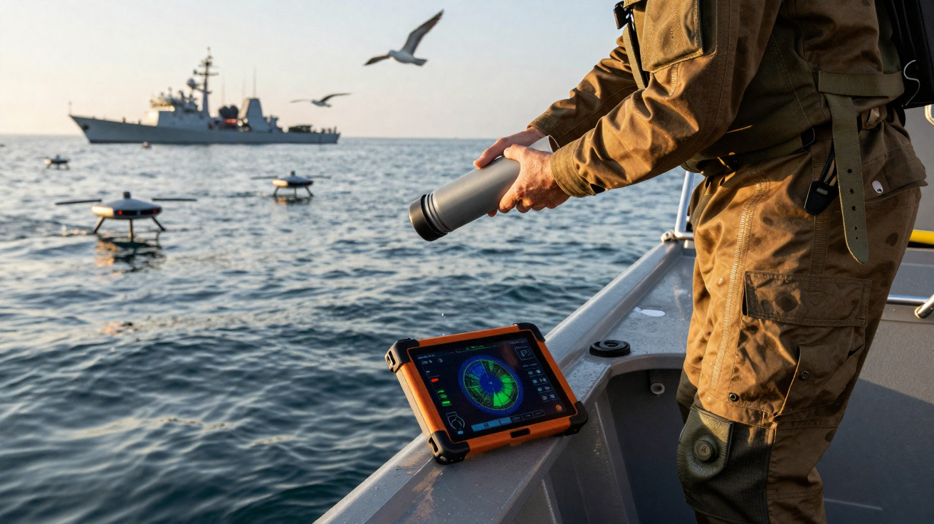 Militar em barco com dispositivo naval e drones na água, navio de guerra ao longe e gaivotas em voo ao pôr do sol.